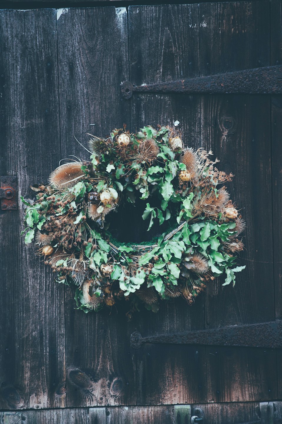 Wreath of dried leaves and seed heads on a rustic wooden door.